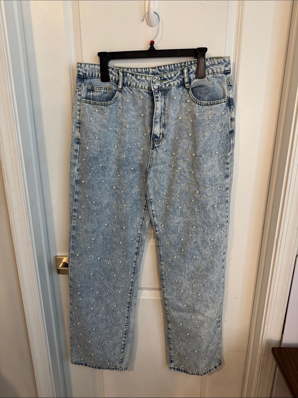 Light Blue Pearl-Embellished Straight-Leg Jeans